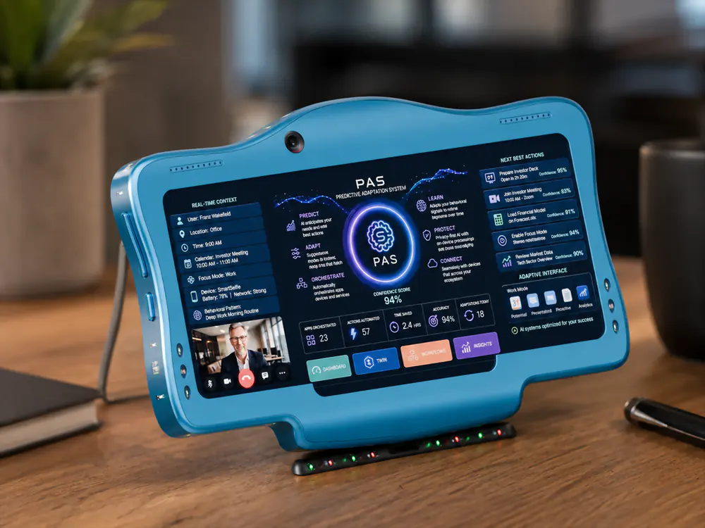 Blue handheld device on a stand on a wooden desk, its screen showing a dark dashboard interface