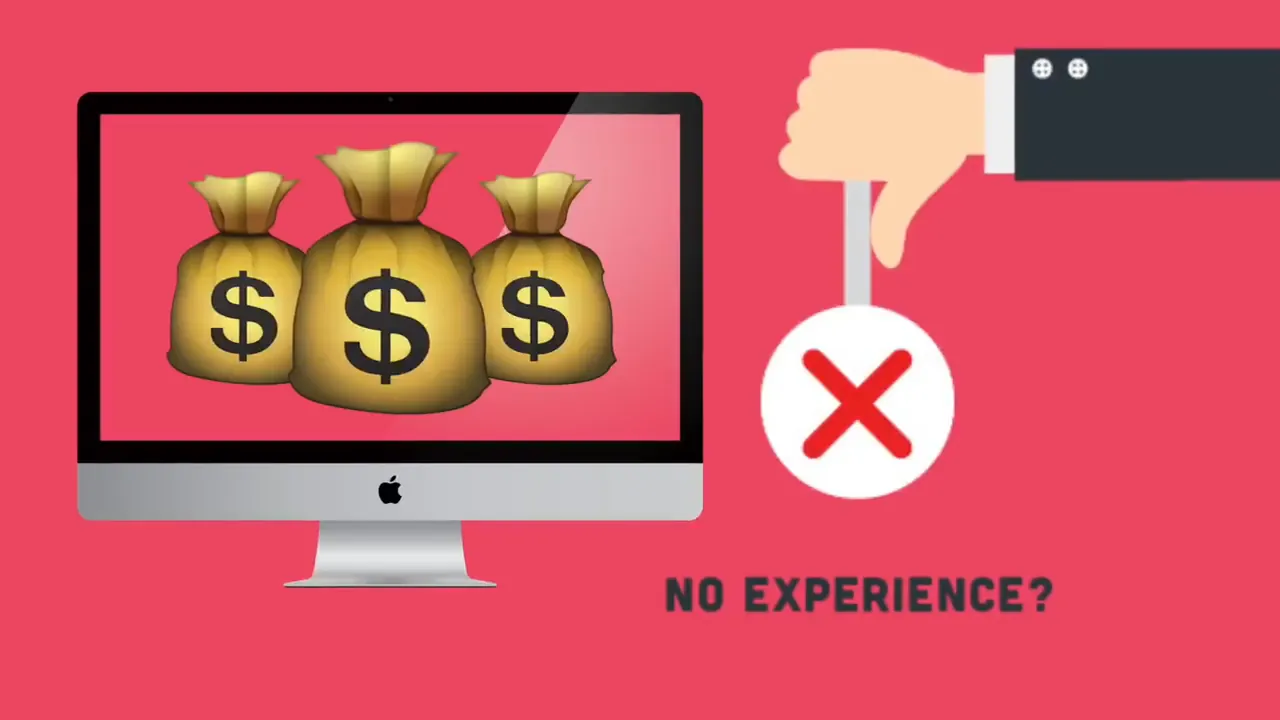 Motion graphics card on a pink ground: a desktop screen of money-bag icons, a thumbs-down, and the words No experience?