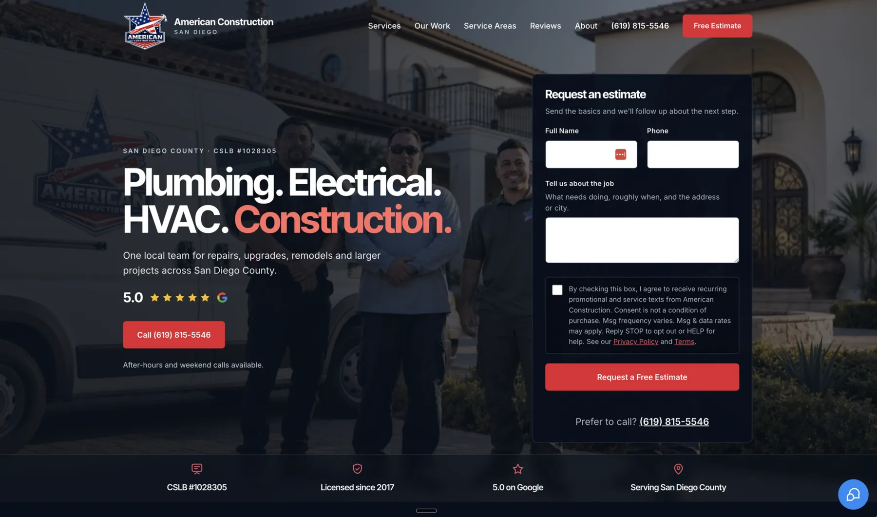 American Construction website homepage with its Plumbing, Electrical, HVAC, Construction headline beside a Request an estimate form