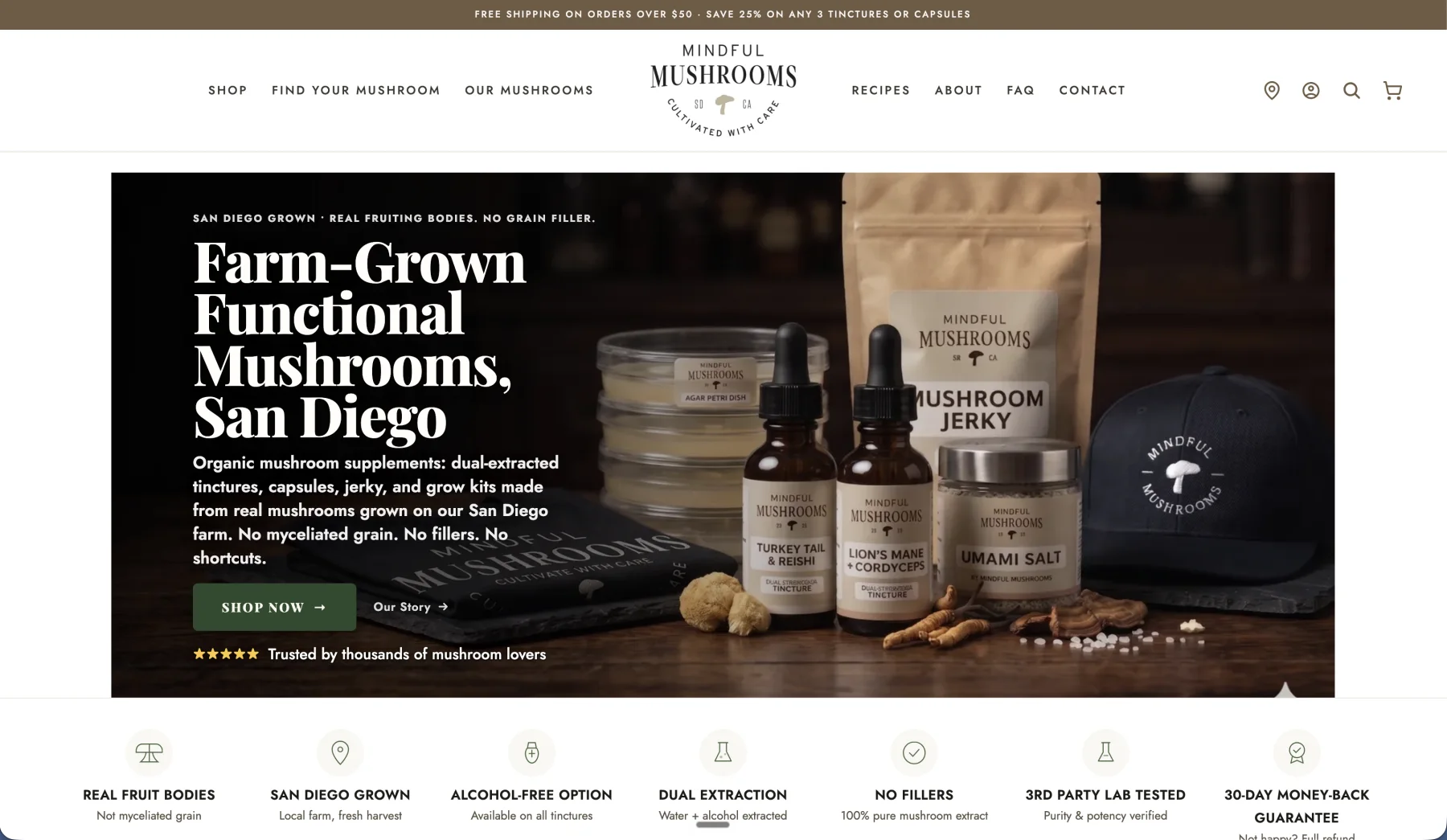 Mindful Mushrooms Shopify storefront featuring its San Diego-grown functional mushroom products