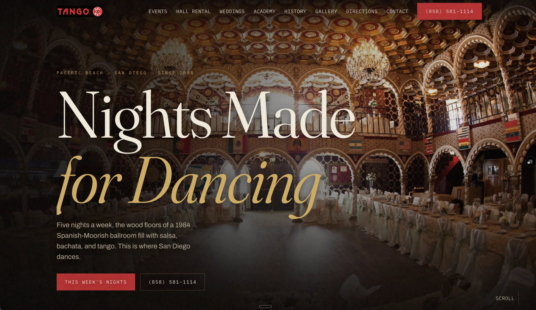 Tango Del Rey website homepage with its Spanish-Moorish ballroom and Nights Made for Dancing headline