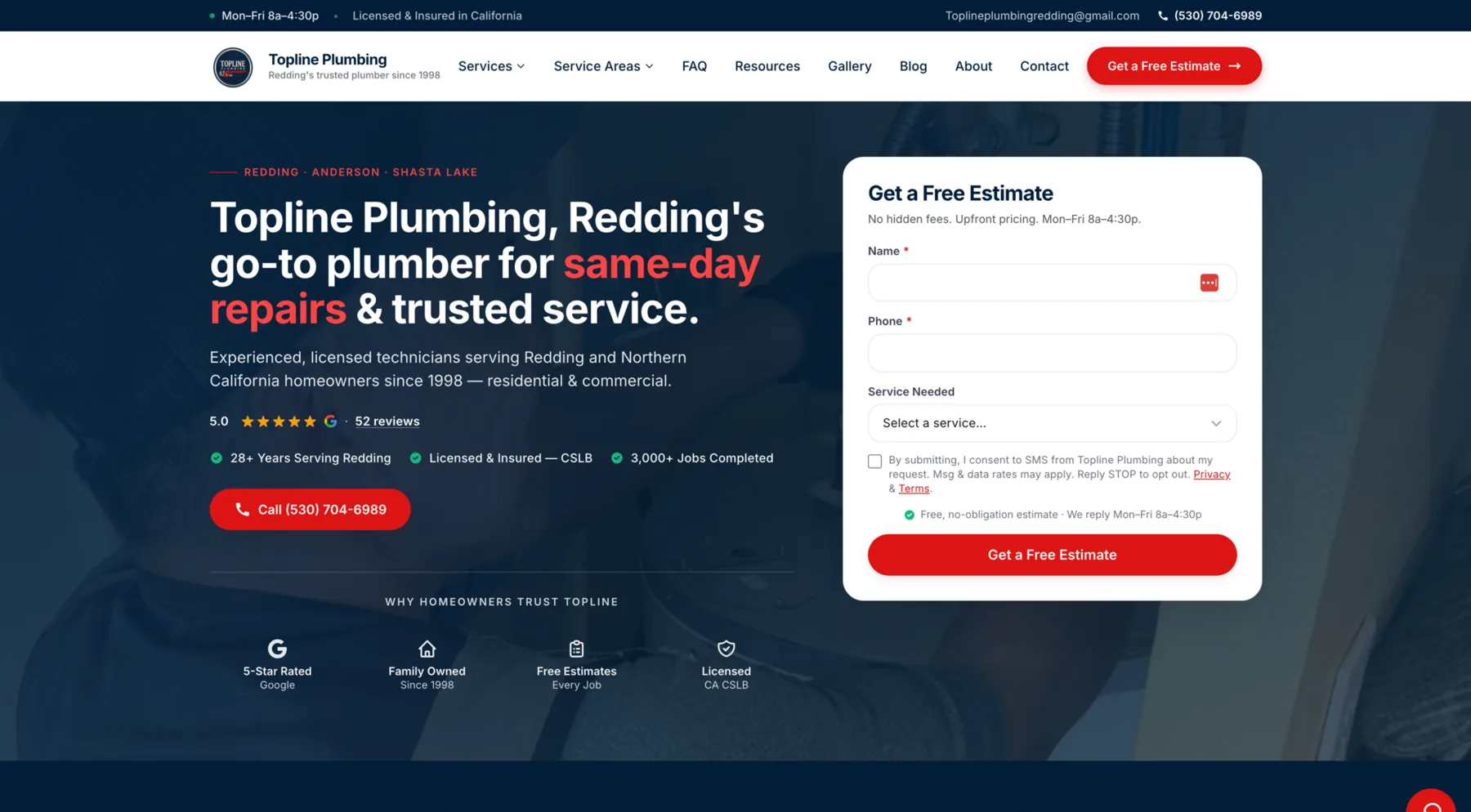 Topline Plumbing website homepage with its same-day repairs headline beside a Get a Free Estimate form